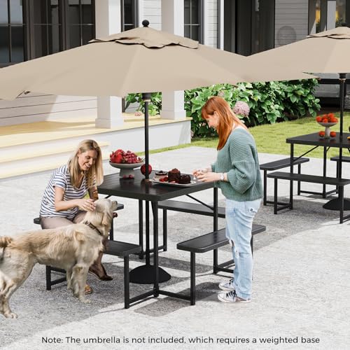 Giantex Picnic Table Bench Set for 4-8 People, 34" Outdoor Square Dining Table & 2 Benches w/Umbrella Hole, HDPE Tabletop, Metal Frame, Patio Camping Furniture for Backyard Porch Lawn (Black,Square) - color: Black, size: Square-34"x34"x30"