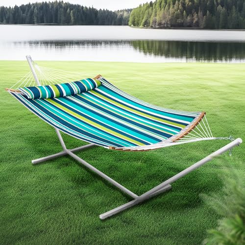 SUPERJARE Curved-Bar Hammock with Stand, 2 Person Heavy Duty Hammock Frame, Detachable Pillow & Portable Carrying Bag, Perfect for Outdoor & Indoor, Blue-Green Stripe - color: Blue-green Stripe
