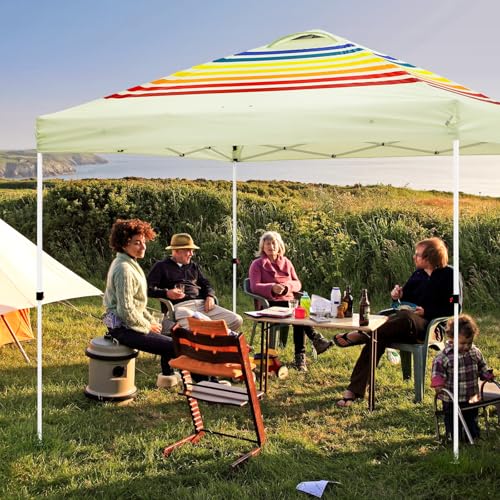 EAGLE PEAK Pop Up Canopy Tent with Wheeled Carry Bag, 8 Stakes, 4 Ropes, 4 Weight Bags, Easy Set Up Tent Canopy, 10x10 ft, 100sqft of Shade, Retro Stripe Tan - color: Retro Stripe Tan, size: 10x10