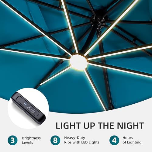 9 X 12 FT Cantilever Patio Umbrella with Led Lights Heavy Duty Outdoor Double Top Large Rectangle Offset Umbrellas with 360-degree Rotation for Garden Pool Deck Backyard, Turquoise - color: Turquoise, size: 9' X 12'- Only Umbrella(LED)