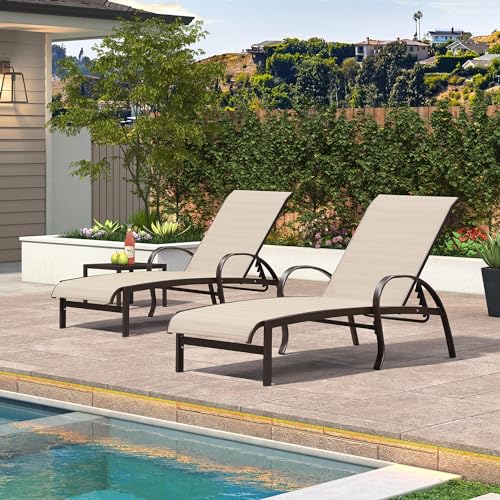 PURPLE LEAF Outdoor Chaise Lounge Chair Set of 3 Patio Pool Lounger Aluminum Chairs with Side Table Adjustable Tanning Recliner for Outside Yard Deck Lawn Garden Beach Light Khaki - color: Light Khaki, size: 2 Chairs & 1 Table