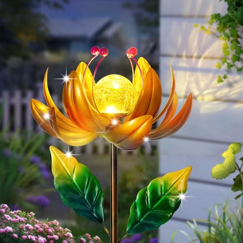 Solar Lights Wind Spinners for Yard and Garden - Metal Lotus Flower Windmills LED Crackle Glass Globe Outdoor Garden Decor Yard Art Lawn Ornament - color: Gold