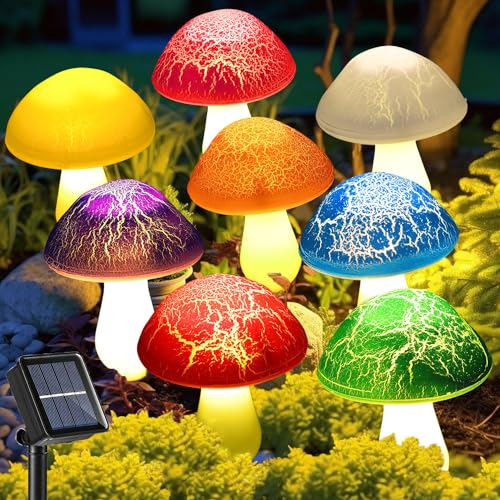 Solar Garden Decor Lights 8 Crack Mushrooms Outdoor Decor Stake Lights, Waterproof Solar Pathway Light Gardening Gifts for Garden Gnomes Backyard Flower Bed Christmas Decorations - color: Multicolor