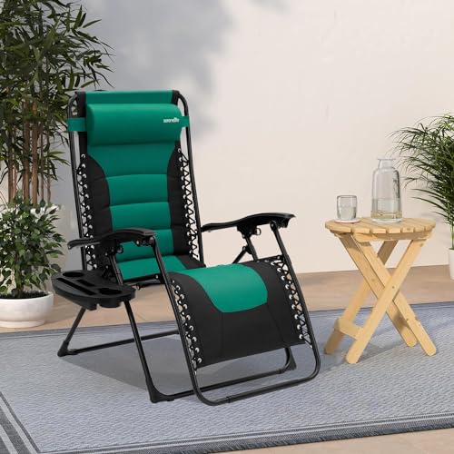 SereneLife Oversized Padded Zero Gravity Lounge Chair, Foldable Outdoor Patio Recliner, Anti Gravity Lawn Recliner with Cup Holder and Side Table for Backyard, Camping, Beach or Outdoor Relaxation - color: Dark Green
