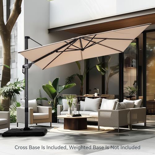 PHI VILLA 9'x 12' Cantilever Patio Umbrella with Crank Handle, 6-Level Tilt & 360° Rotation, Aluminum Square Outdoor Offset Umbrella Windproof & Crashproof for Garden, Deck, Pool (Beige) - color: Beige, size: 9'x12'- No Base