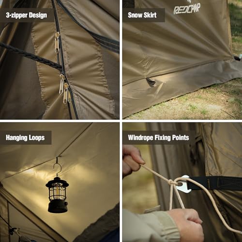 REDCAMP Large Hammock Hot Tent with Stove Jack, Waterproof & Windproof Winter Wall Tent with Snow Skirt, Ultralight 4 Season Tents for Camping, Hiking, Bushcraft, Backpacking, Hunting - style: Khaki Tent