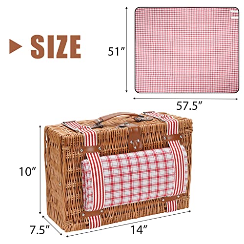 Wicker Picnic Basket for 2 with Large Insulated Cooler Compartment and Waterproof Picnic Blanket, Cutlery Service Kits, Wicker Picnic Hamper for Camping, Valentine Day,Thanks Giving,Birthday(Red) - color: Red Check