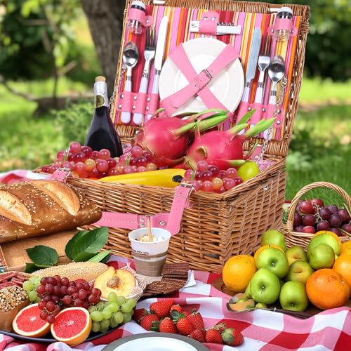 Neti Neti Wicker Picnic Basket for 4 with Insulated Cooler & Waterproof Blanket – Large Willow Picnic Hamper for Outdoor, Camping, Beach, Romantic Dates, Valentine’s Day - color: Red & Yellow Striped