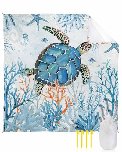 Beach Blanket Sandproof Oversized 118" x 108" Ocean Sea Turtle Waterproof Quick Drying Sand Free Mat Coral Starfish Picnic Blankets for Outdoor Travel Camping Hiking Park - color: Blue, size: 118''x108''