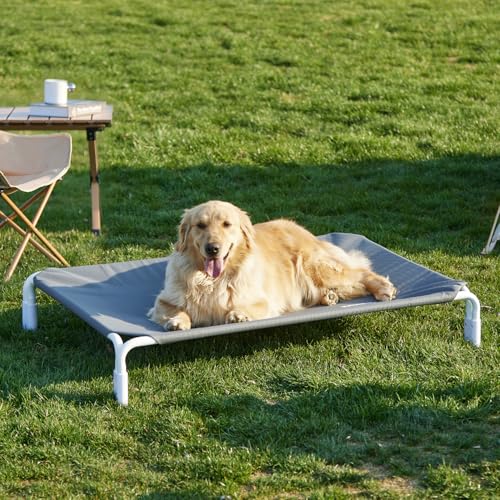 ZOMISIA Elevated Dog Cot Bed Tool-Free Assembly - Outdoor Raised Dog Cooling Bed Frame for Medium Pets, Summer Pet Hammock Off Ground with Non-Slip Feet & Waterproof Teslin Mesh, 35x25 Inch - size: M - 35.4"L x 25.6"W x 7.0"H