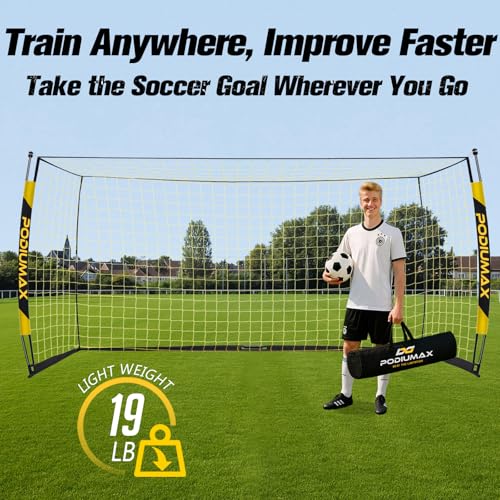 PodiuMax Soccer Goal, 12X6FT Soccer Goals for Backyard Training, Upgraded Collapsible Metal Base, Portable Soccer Goal for Indoor Outdoor, Easy Set Up Soccer Net with 1 Carry Bag & 4 Ground Stakes
