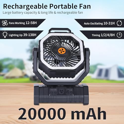𝟐𝟎𝟎𝟎𝟎𝐦𝐀𝐡 Rechargeable Fan Portable,𝟏𝟑𝐈𝐧Battery Powered Camping Fan with Light,Workup 𝟔𝟎𝐇 & 𝟖𝐇 Timer & Remote,Auto Oscillation Battery Operated Fans Portable for Camping - Hanging Hook - color: Black
