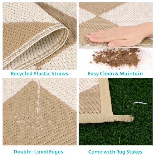 HEBE Outdoor Rug Waterproof 6x9, Checkered Plastic Straw Rug RV Camping Rug, Reversible Outdoor Patio Mat Clearance, Outside Carpet for Porch,Deck,Camper,Balcony - color: Beige/Brown, size: 6' x 9' (Rectangular)