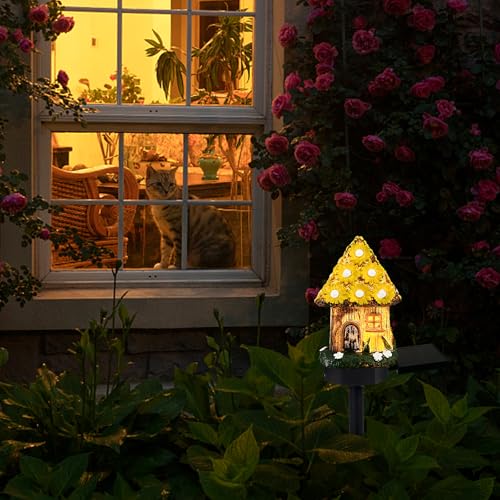 Mushroom Solar Lights Outdoor, Waterproof Fairy Houses Light Mushroom Garden Decor Decorative Solar Powered Garden Stake Lights for Outside Lawn Walkway Patio Yard (Yellow) - color: Yellow