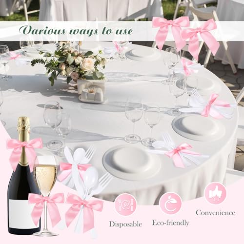 Minatee 25 Sets White Plastic Cutlery Set with Twist Tie Bows, Heavy Duty Tableware Disposable Forks Knives Spoons Silverware Utensils Set for Coquette Birthday Bow Party Table Setting Picnics - color: White,Pink