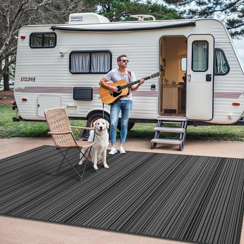 GENIMO Outdoor Rug 6x9 ft Waterproof, Reversible Plastic Straw Patio Rug for RV Camping Mat, Deck, Backyard Balcony Mat - Lightweight & Easy to Clean, BlackGray - color: Blackgray, size: 6' x 9' (Rectangular)