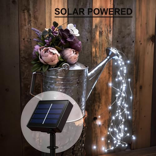 Solar Fairy Lights Outdoor White, Multi Strand 180 LEDs Watering Can String Light, Waterproof Solar Powered Waterfall Lights, Cool White Firefly Bunch Lights - color: Cool White