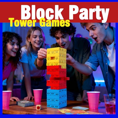 Tumble Tower Blocks Party Game,121PC Wooden Stacking Game,60 Blocks,60 Cards,1 Dice,Thousands of Hilarious Combos,Classic Tower Stack Games for Family Night Party Wood Block Games with Storage Bag