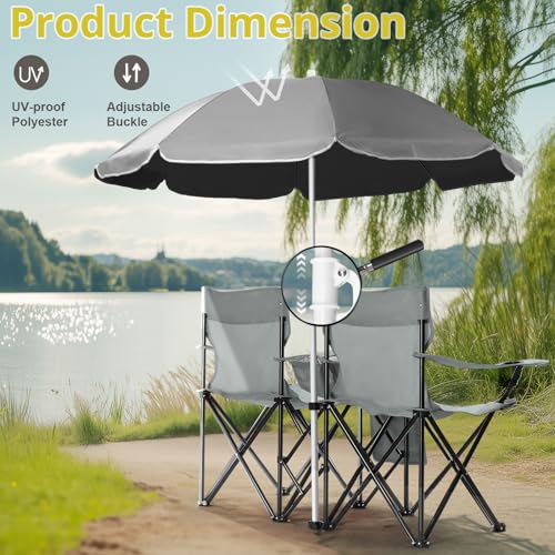 Outvita Folding Double Camping Chair w/Umbrella Beverage Holder Carrying Bag Cooler Fold Up Table, Large Bearing Capacity for Beach Patio Pool Park Outdoor Gray - color: Grey