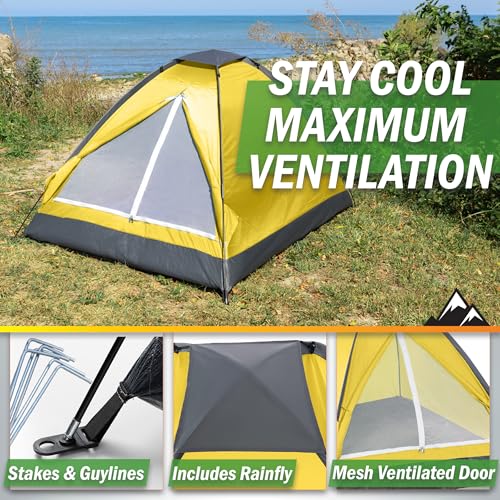 2 Person Camping Tent with Rain Fly and Carrying Bag – Lightweight Outdoor Pop Up Tents for Camping Essentials, Music Festivals, Backpacking, Hiking, or Beach Shelter by Wakeman Outdoors - color: Yellow
