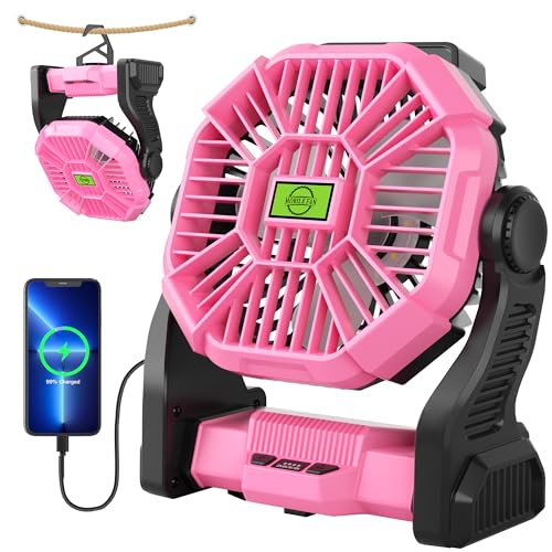 Portable Fan Rechargeable Camping Essentials, Cordless Camping Fan Battery Powered with Led Lights & 360°Hook, USB Battery Operated Fans for Women,4 Speeds Tent Portable for Traveling X23 Pink - color: Pink