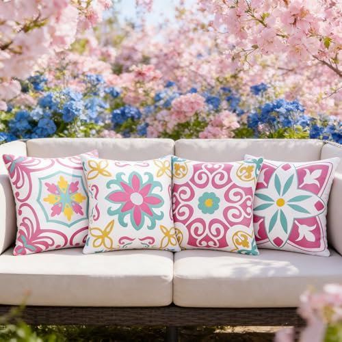 Pyonic Spring Summer Outdoor Pillows Waterproof Throw Pillow Covers Set of 4 Pink Green Floral Printed and Boho Farmhouse Outdoor Pillow Covers for Patio Funiture Garden 18x18 Inch - color: Pink, size: 18" x 18" (Pack of 4)