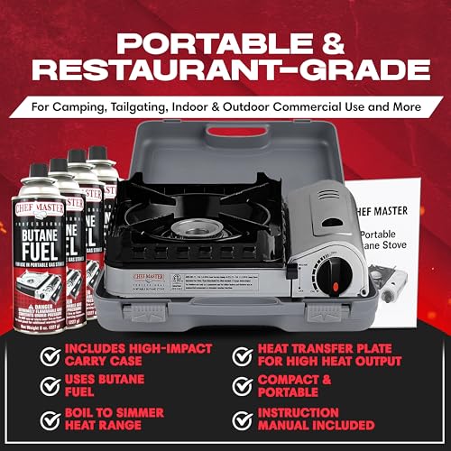 Chef Master 15,000 BTU Butane Portable Camp Stove | Double Wind-Guard Portable Stove Burner w/Piezo Click Ignition for Emergencies, Tailgating, Hiking, Backpacking & Camping Essentials - 90019 - size: StoveOnly
