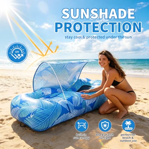 Inflatable Couch,Air Sofa with Sun-Shade Design,Built-in Storage,Ripstop Polyester&Stability Pegs,Portable Air Lounger for Beach,Camping,Easy to Carry,2Inflation Ways(Included Pump)Blue Feather - color: Blue Feather