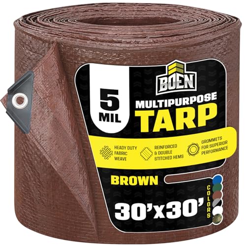 Multi-Purpose Large Tarp Waterproof Cover | Brown, 30' x 30' 5 Mil Thick | Rip Proof Tarps | Thick Weave Material, UV Resistant Great for Tarpaulin Canopy Tent, Boat, RV or Pool Cover - color: Brown - 5 Mil, size: 30' x 30'