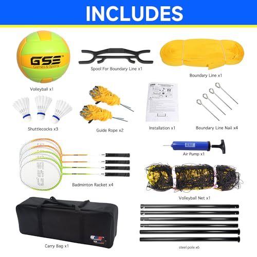 GSE Games & Sports Expert Outdoor Yard Sports Net Game Set for Backyards, Parks, Beach, Lawn. Volleyball Set, Badminton Set OR Volleyball & Badminton Combo Set Available - style: Pro Volleyball&Badminton Combo