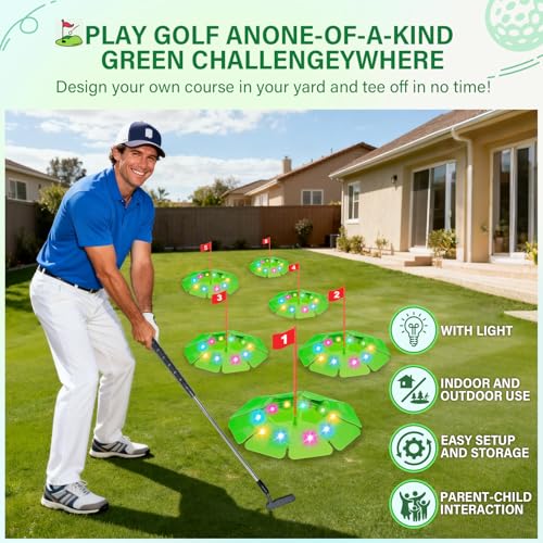 TERRAMUS Light Up Golf Play Set - Upgraded Kids Toy Golf Putting Game Set with 6 LED Targets, 2 Clubs, 6 Balls (2 Glow), Night Golf Toys Gifts for Kids Golfers Family Indoor Outdoor Beach Lawn Park - color: Green