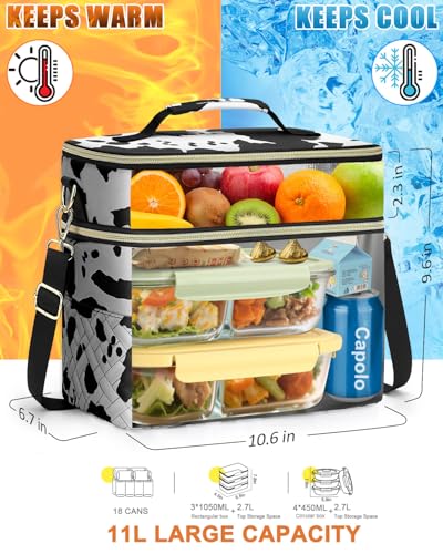 Capolo Lunch Box for Women Men Adults,Double Deck Insulated Lunch Bag Leakproof Lunch Cooler Box with Removable Strap Lunch Tote Bags Reusable Thermal Lunchbox for Work Picnic(Large,Cow print) - color: Cow print, size: Large