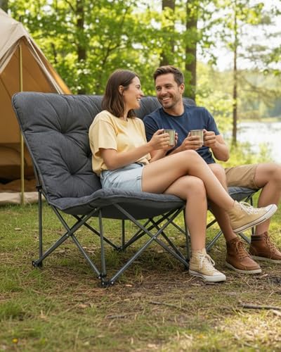 KingCamp Double Camping Chair, Oversized Padded Butterfly Chair Couch Portable Folding Loveseat 600lbs Heavy Duty Comfy Dorm Double Seat with High Back for Outdoor Indoor Patio Home Living Bed Room - color: Xxl 2 Person Grey
