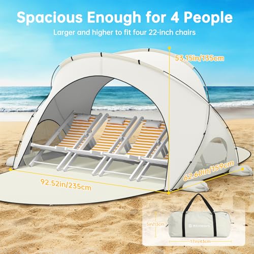 Raynesys Beach Tent Sun Shelter, Beach Shade Tent with UPF50+ UV Protection, Sun Shelter for 1-4 Person, Beaches Shade with 2 Zippered Doors, Portable Tents for Camping Fishing, Beige - color: Beige, size: For 4 Person