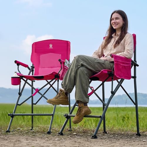 EVER ADVANCED Tall Camping Directors Chair with Cup Holder 31", Bar Height Folding Chair for Camping, Sports with Carry Bag, Mesh Pockets and Footrest, Heavy Duty 300 lbs, Pink - color: Pink, style: Fabric