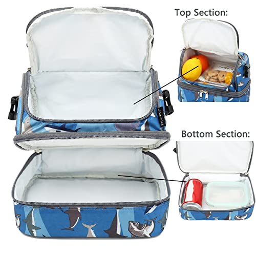 FlowFly Kids Double Decker Cooler Insulated Lunch Bag Large Tote for Boys, Girls, Men, Women, With Adjustable Strap, Shark - color: Shark