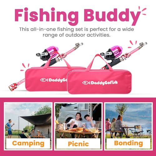 DaddyGoFish Kids Fishing Pole - Rod Reel Combo Tackle Box Starter Set - First Year Small Gear Kit for Boys Girls Toddler Youth Age Beginner Little Children - color: 2 Pack- Pink + Pink (Essential Set), size: 5ft