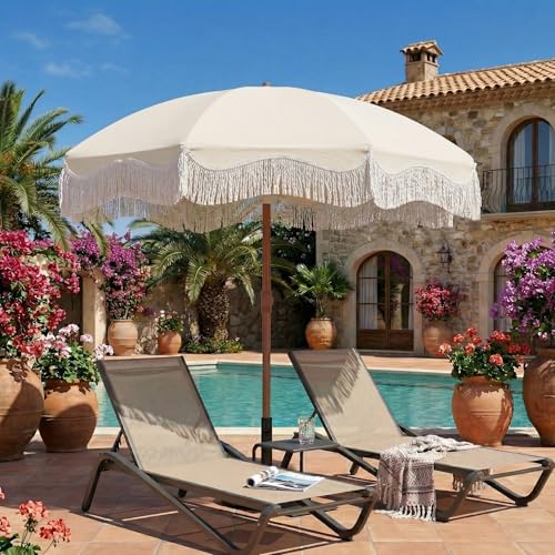 7ft Patio Umbrella with Fringe, Boho Beach Umbrellas, Outdoor Tassels Umbrellas with Push Button Tilt & Carrying Bag, 8 Windproof Fiberglass Ribs, UPF50+ - color: Creamy-white
