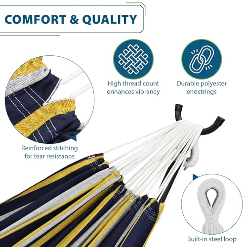Vivere Double Cotton Hammock with Space Saving Steel Stand, Upgraded Polyester End Strings 450 lb Capacity - Premium Carry Bag Included - USA Grown Cotton (Serenity) - color: Serenity