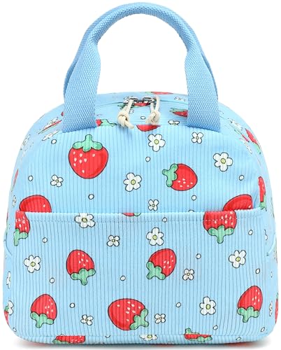 LEDAOU Lunch Box for Women Insulated Lunch Bag Corduroy Lunch Tote Bags Leakproof Cooler Lunch Case for Travel Work Picnic (Blue Strawberry) - color: Blue Strawberry