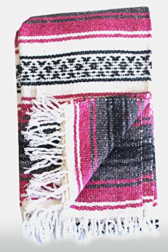 Del Mex Classic Mexican Blanket, Large Authentic Woven Falsa Throw (70"x50"), Artisan Southwest Décor for Beach, Yoga, Outdoors (Hot Pink/Fuchsia) - color: Fuchsia
