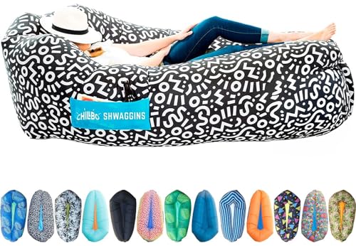 Chillbo Inflatable Couch – Unique Designs - No-Pump Setup, Ripstop Polyester, Stability Pegs, Fun Prints - Portable Air Inflatable Lounger for Beach, Camping, Festivals, and Tailgating - color: Black & White Swizzle, size: Large