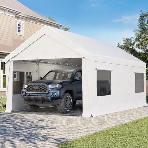 Bezseller 12x20 FT Heavy Duty Carport Canopy with Removable Sidewalls, Portable Garage Tent with Roll-Up Windows & Doors, Car Port with All-Season Tarp for Cars, Boats, Trucks, Motorcycles, White - color: White, size: 12 X 20