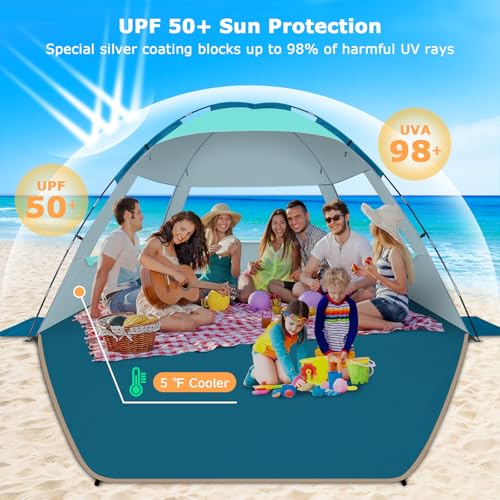 COMMOUDS Beach Tent Sun Shade for 3/4/6/8 Person, UPF 50+ Beach Sun Shelter Canopy Tent, Lightweight, Easy Set Up and Carry - color: Turquoise, size: 8 Person