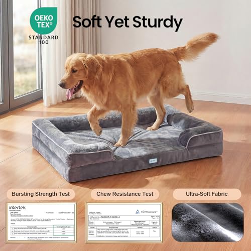 OhGeni Orthopedic Dog Bed Couch Big Cat Sofa for Extra Large Sized Pets with Memory Foam, Machine-Washable Waterproof Removable Cover, Soft Comfortable Fabric, 41-inch (Gray) - color: 01-Gray, size: 41"x30"x7"