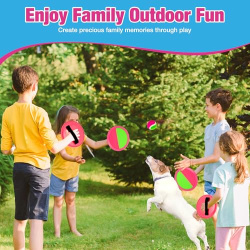 Kids Outdoor Toys - Toss and Catch Game Set, Outside Yard Camping Beach Pool Toys Games for Boys Girls 3 4 5 6 7 8 9 10 Year Old, 4 Paddles 4 Balls (Pink+Pink) - color: Pink