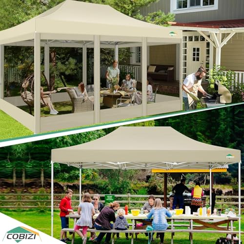 COBIZI 10x15 Heavy Duty Pop up Canopy with 4 Sidewalls, Canopy Tent with Mosquito Netting, Easy up Screen Party Tents for Parties Wedding Patio Backyard Commercial Gazebo with Handbag, Khaki - color: Khaki, size: 10x15ft(standard)