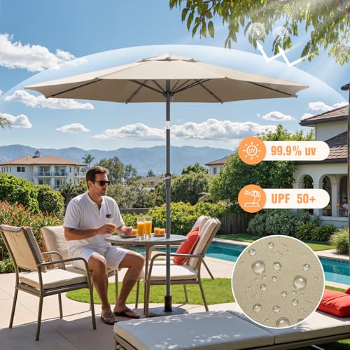 Outdoor Patio Umbrella, Table Umbrella with Push Button Tilt and Crank, 8 Ribs Market Umbrella - color: Beige-Fiberglass Ribs, size: 9FT