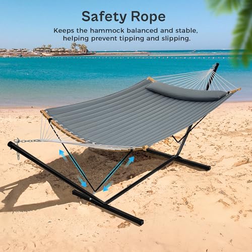 SUPERJARE Hammock with Stand, 2 Person Heavy Duty Hammock with Padded Cotton, Detachable Pillow & Strong Curved-Bar & Portable Carrying Bag, Perfect for Outdoor & Indoor, Neutral Gray - color: Neutral Gray