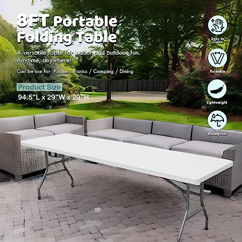 AJP Distributors 8 Foot Portable Plastic Folding Table 8FT 96" Half Foldable Heavy Duty Top w/Carry Handle - Indoor Outdoor Backyard Camping Picnic BBQ Party Wedding Dining Office Event Meeting White - color: White, size: 8 Foot